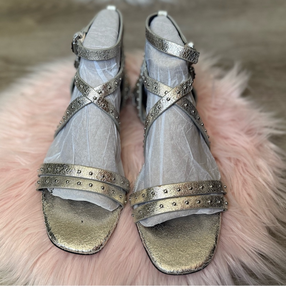 Rebecca Minkoff Maiara Metallic Silver Leather Gladiator Strappy Stud Sandal 6 M